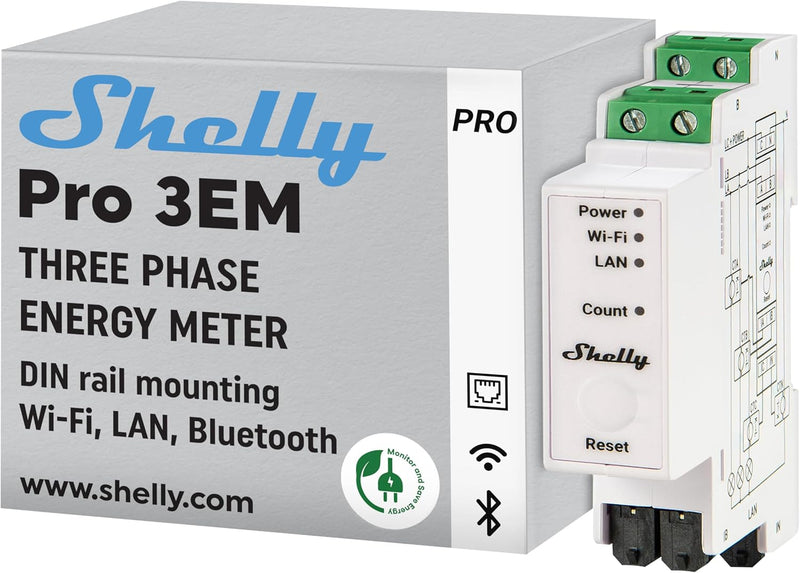 Shelly Pro 3EM 120A - Contatore energia DIN + 3 pinze120A
